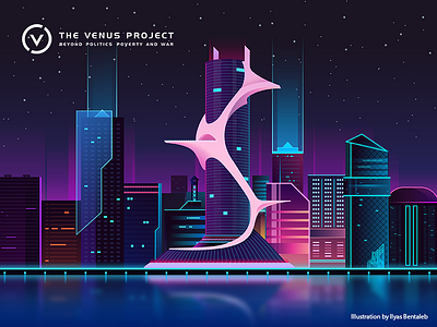 Tower - Venus Project architecture buildings city futuristic illustration jacque fresco neon night skyline towers vector venus project