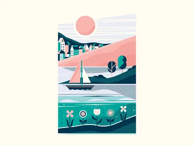 Seaside city flower halftone hill lake landscape line ocean sail sun tree water