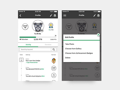 App UI / FUNDoggy / Profile activity badges dogs edit profile history icons level menu profile profile photo progress bar ui design