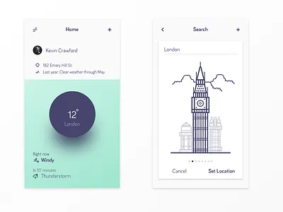 Weather App card clouds flat gradient illustration ios app london material menu navigation mobile ui ux vector