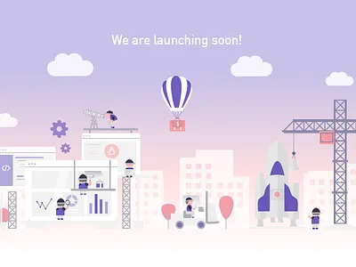 We are launching soon! construction gradient illustration investor landscape launch parachute rocket startup work