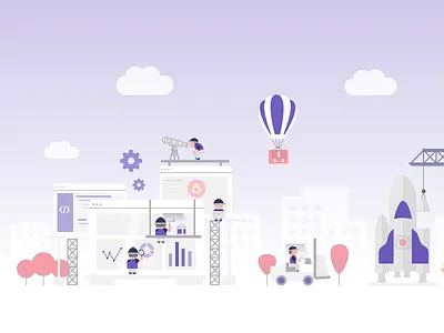 We are launching soon! construction illustration investor landscape launch parachute rocket startup work