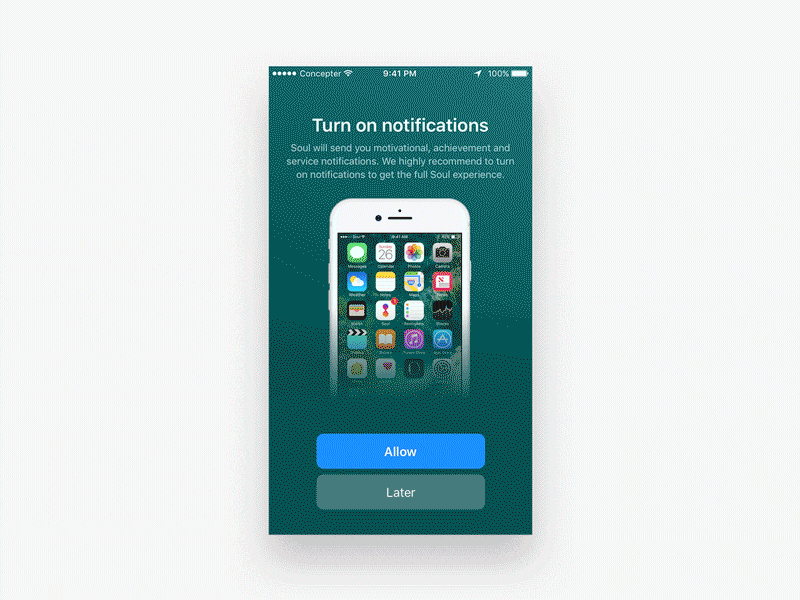 Soul App Permissions app geoposition gif health home ios10 ios11 notifications onboarding permissions time tracking work