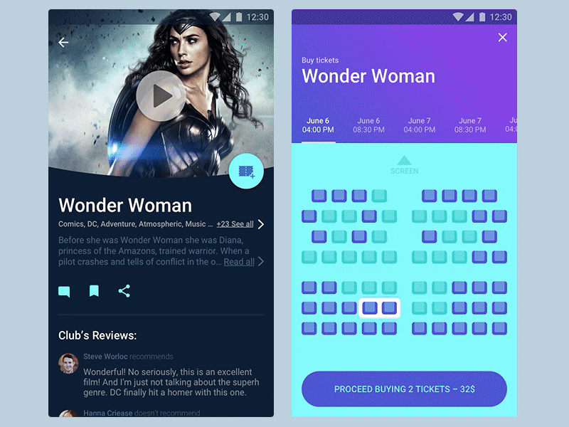 Cinema Tickets android animation booking colors material movie principle tickets