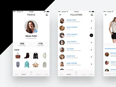 Fashion Circle App UI/UX app ui apparel app black and white fashion followers ios minimal profile ux