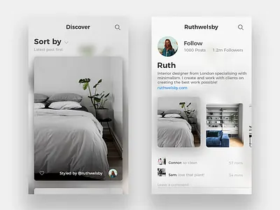 Interior Design app blur clean concept feed minimal mobile modern profile ui ux