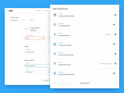 Account Settings & Integrations app autentika dashboard form input interface mialszygrosz profile ui user ux web