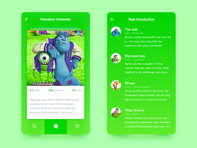 Monsters University age animation，movie，orange，color app cards clean concept design ios mobile ui