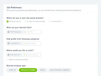 Job Preferences dashboard forms settings ui