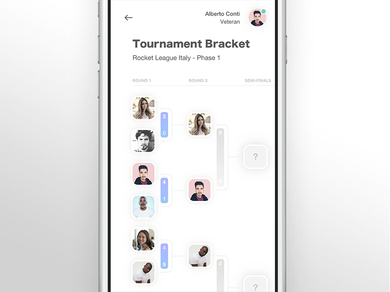 Tournament app ios iphone flat gradient shadow minimal grid type typography playstation league online play profile challenge tournament esport sport bracket ux ui interaction white clean light