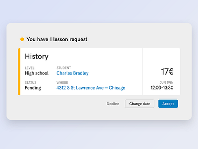 Private lesson request card gradient interface marketplace platform ui user experience user interface ux web web design website