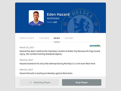Player Modal design football ios mobile news sports ui ux web