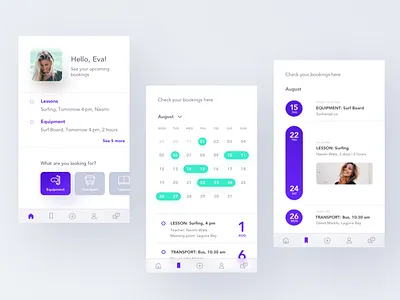 Learn, rent, travel app no. 2 2d app calendar flat fresh home screen sports surfing travel ui ux water
