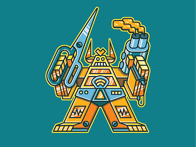 Cut-O-Matic Bot R-3180 barber bot dryer giant hair illustration killer logo robot rumos scissors shop