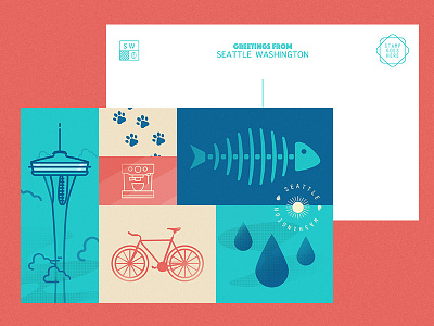 Seattle, WA bike coffee dog fish flat postcard print rain seattle space needle washington
