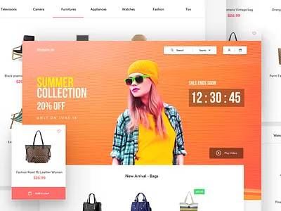 Shopping landing page add to cart cart ecommerce fashion landing page search timer video website wishlist