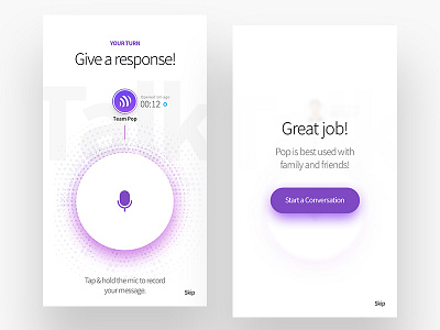 Pop Chat chat application mobile button mobile design ui ux pop chat purple and white radiating dots touch and hold voice messaging