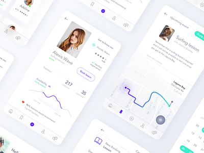 Learn, rent, travel app app book fireart fireart stdio flat map profile statistics travel ui ux white