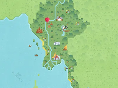 Myanmar asia beach city flat illustration map nature person travel tree