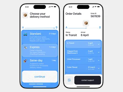 Delivery Service App UI – Shipping Options & Tracking Details app app design courier service delivery design e commerce interface logistics management mobile app modern order order status package shipping tracking tracking details ui ux web