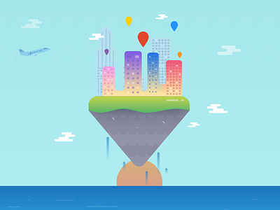 Flying City buildings city clouds cut flying ground illustration plane sky sun vector water