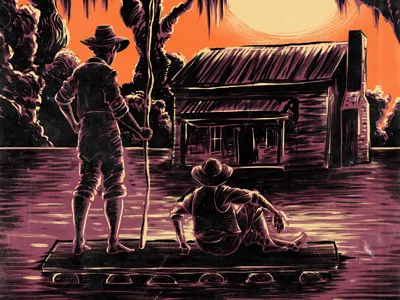 Huck Finn book border character cover drawn house illustration person raft sun water