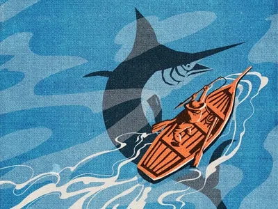 The Old Man and the Sea boat book cover drawn fish ocean retro sea simple texture vintage water