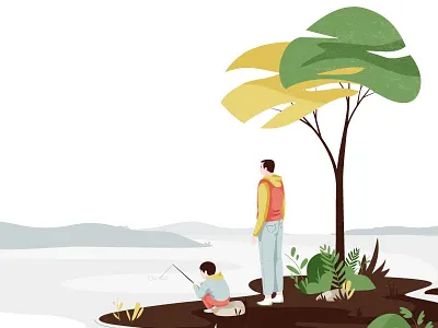 Gazing boy character fishing gazing illustration lake man pastel vector