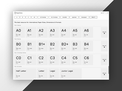 Paper Sizes (shoutout) black and white bw paper shoutout sizing ui web page webdesign