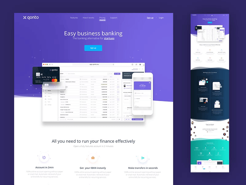 Qonto home animations colours cover gradient home illustration me ui ux