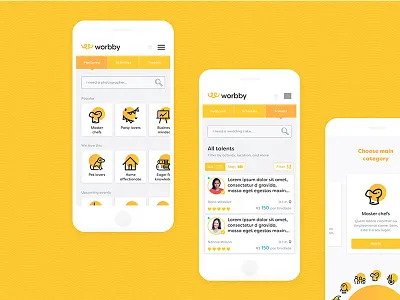 Worbby Web App UI Design - Talent Search Facilities app blue and yellow design mobile mockup onboarding peer to peer search ui ux web website worbby