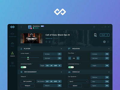 Infinity / WeMod cheats dark dark ui dashboard desktop app desktop application gaming interface mod modding page pc pc app product design ui ux video game windows app