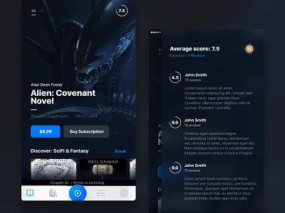 Audiobooks App: Dark Theme audio audiobook book comment covers ecommerce grid ios iphone mobile music play