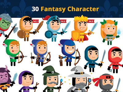 30 Fantasy Vector Characters archer cartoon character characters clipart creative design fantasy flat funny icon illustration knight lord of the rings magic mascot ninja orc vector wizard
