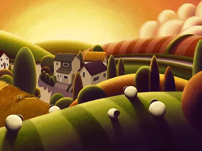 Uffculme art branded7 country hills illustration landscape rob palmer sheep sun texture trees