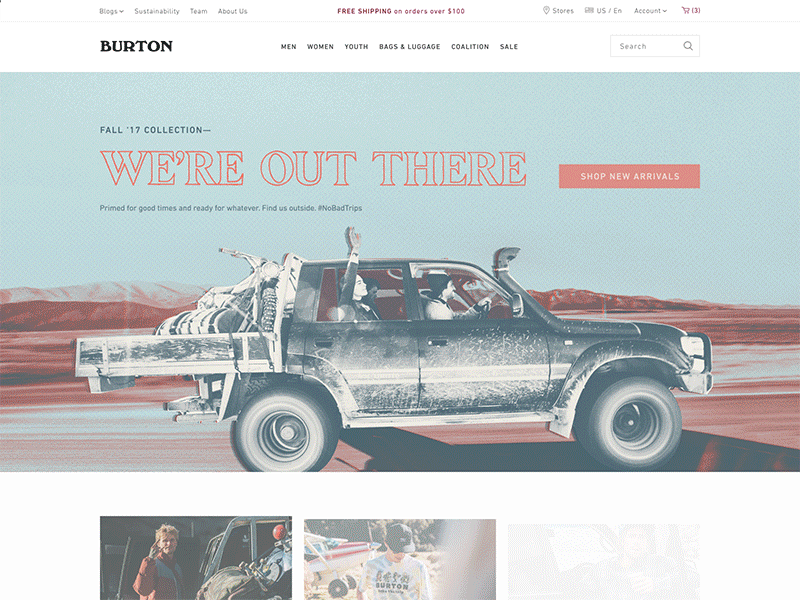 Burton Fall '17 Seasonal Hero animation bitmap button cta ecommerce eksell hero typography ui
