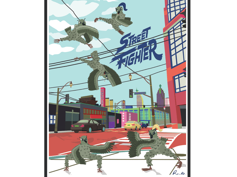 Street Fighter Pigeons 2d cartoon character character design clean drawing flat graphic design graphics green illustration pink
