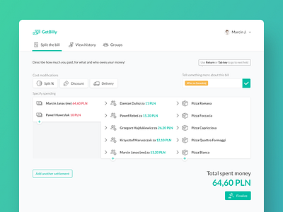 GetBilly - app for bills splitting dashboard design interface monterail pay payment slack splitting ui ux status timeline