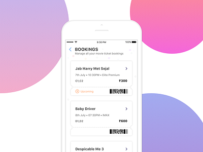 Movie Theatre - Manage ticket bookings booking history ios mobile movie qr theatre ui ux