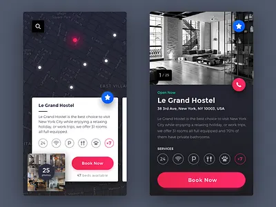 Hostel Search Application application card colors darkui hostel hotel icons interface map search ui ux