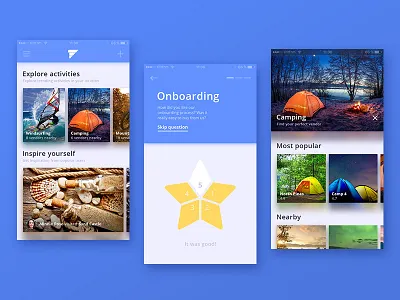 Outdoor activities app app design experience mobile onboarding photo rating travel ui ux