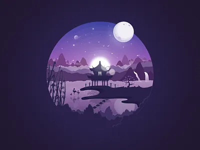 Japan landscape badge #4 badge cherrytree design illustration imagination japan landscape moon stars sun temple vector