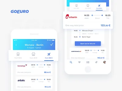 GoEuro redesign - Search Results app blue clean concept design interface ios mobile sketch travel ui ux