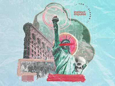 INSTINCT x IMPULSE barcodes collage glitchy grainy noisey paint pale rose skull type usa