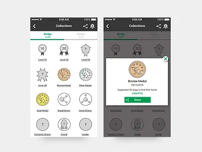 App UI / FUNDoggy / Collections achievement badges collect collections dogs history icons menu points share stickers ui design