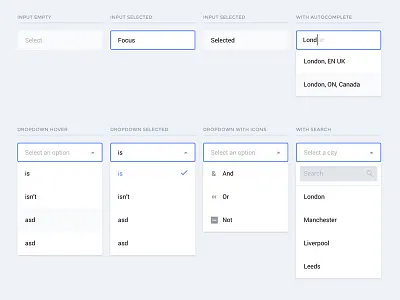 Input fields + Dropdowns active autocomplete dropdown fields icons input input field material menu search selector status