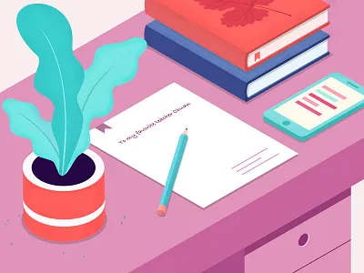 Isometric Design book desk isometric pencil phone plant purple
