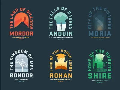 Lord of the Rings Locations badge hobbits horse logo lotr movie negative space sillhouette volcano