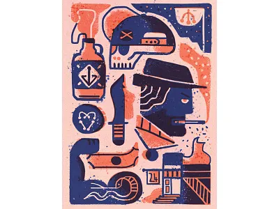 Pawn Shop arm bottle character fire hat knife man rum shop sign tattoo texture