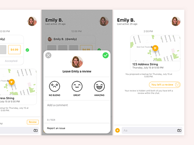 Meetup and Review chat ios location madeintoronto map meetup messaging messenger minimal review ui ux